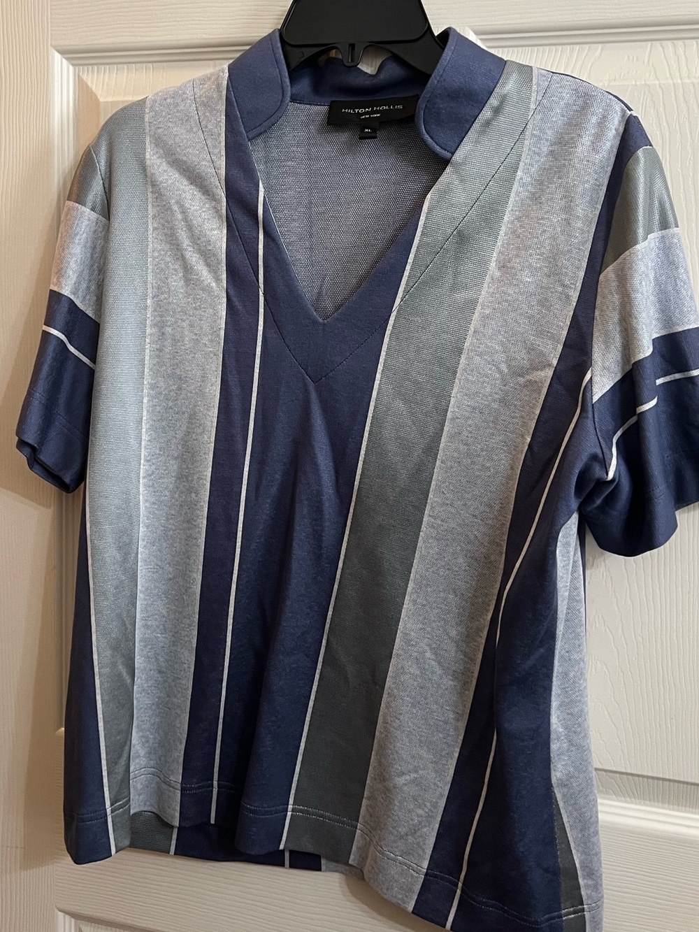 Hilton Hollis Women's V-Neck Stripe Polo - Navy & Gray